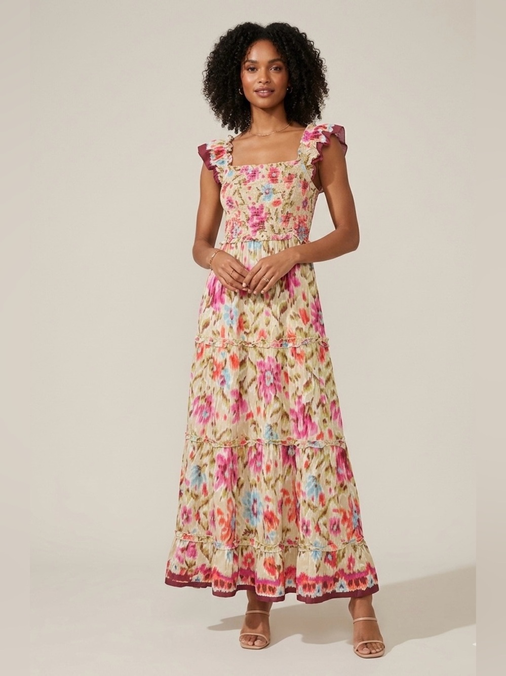 House Of Harlow 1960 Zoey Khaki Floral Print Smocked Tiered Maxi Dress LG Boho